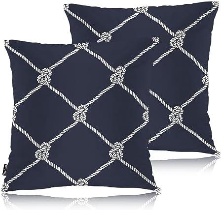 Swono Nautical Rope Throw Pillow Cases Pack of 2, Marine Fishing Net Marine Knots Square Cushion Covers Decor Pillow Covers for Couch Sofa Home Decoration 18 X 18 Inches Pillowcases Navy Blue