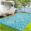 GAOMON 9x12 Boho Vintage Outdoor Rug Waterproof Patio Rug Vintage Floral Reversible Plastic Straw Picnic Rug Easy to Clean Portable Outside Carpet for Patio Backyard Beach Pool Side, Light Blue White