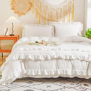 White Ruffle Duvet Cover Set King Size Solid Color Ivory White Comforter Cover Farmhouse Boho Aesthetic Shabby Chic Bed for All Seasons Soft Lightweight Microfiber Bed with Zipper Closure