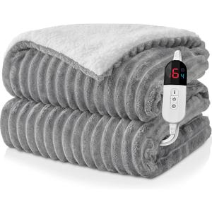 Electric Heated Throw Blanket - 50"x60" Fast Heating Bed Blankets with 6 Heating Levels & 4 Hours Auto Off, Soft Ribbed Flannel Sherpa, Over-Heated Protection ETL, Light Gray