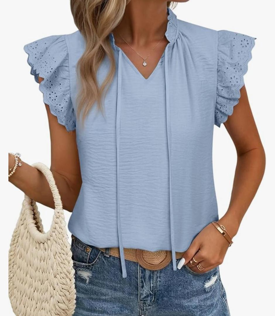 SHEWIN Women's Summer Tops Casual V Neck Ruffle Short Sleeve Shirts Blouses, XL