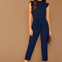 WDIRARA Sleeveless Mock Neck Ruffle Trim Belted Cropped Jumpsuit Romper, Size M