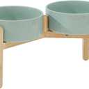 Havniva Ceramic 8.2inch Raised Dog Bowl with Stand for Large- Breed Dogs, Pet Food and Water Feeder (Double Bowl with Stand - Light Green)