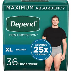 Depend FIT-Flex Incontinence Underwear for Men, Maximum Absorbency, Disposable, Extra-Large, 36 Count