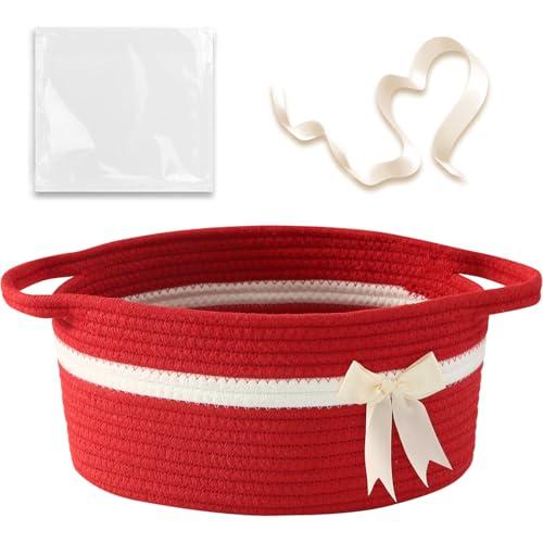 HomeyPine Gift Baskets Empty, Small Woven Rope Storage Basket with Bow and Ribbons and Gift Bags, Bowknot Decorative Baby Gift Basket for Toys, Cats & Dogs Toys Basket with Handles, Red