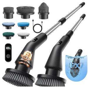 Leebein Electric Spin Scrubber, Cordless Cleaning Brush for Bathroom Shower Tub, IPX7 Waterproof Power Scrubber with 7 Brush Heads, Extendable Long Handle and 2 Speeds Scrubber for Bathtub Floor