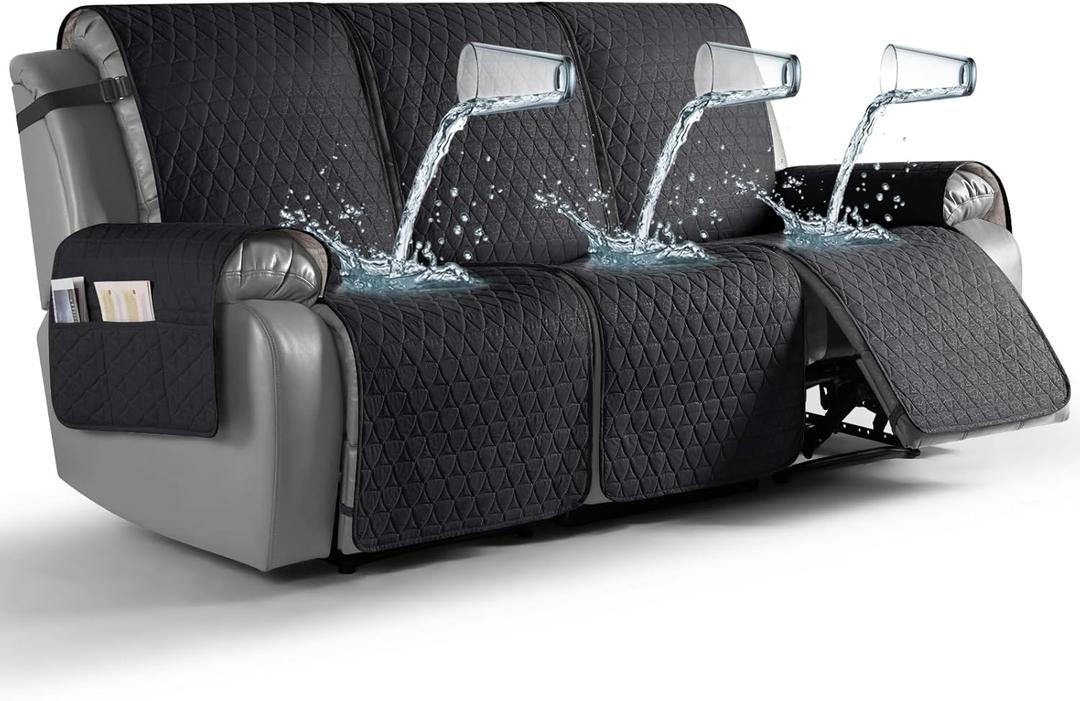 TAOCOCO 100% Waterproof Recliner Cover, Non-Slip Washable Reclining Couch Cover with Elastic Leg Straps, Furniture Protector for Dogs (Black, 3 Seater)