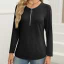 Women's Long Sleeve Shirts Zipper Color Block V Neck Tunic Tops Casual Blouse (Black, XXL)