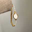 \Womens Gold Petite Vintage Crystals Beaded Waterproof Watch Small Pearl Oval Dial Arabic Numerals Fashion Bracelet Wrist Watch
