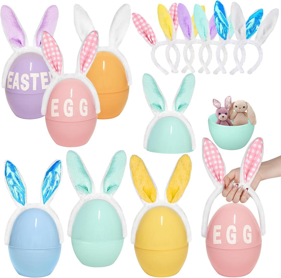 Fovths 6 Pack Giant Easter Egg 8 Inch Plastic Fillable Jumbo Eggs with Bunny Ear Handles Large Easter Egg Containers Colorful Egg Shaped Buckets for Easter Eggs Hunt DIY Surprise Party Decoration