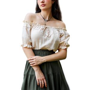 SCARLET DARKNESS Peasant Blouse for Women Off Shoulder Puff Sleeve Cotton Loose Summer Tops (Beige, S)