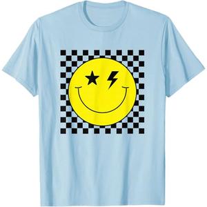 Retro Happy Face Shirt Checkered Pattern Smile Face Trendy T-Shirt, S