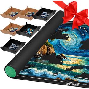 Jigsaw Puzzle Mat Roll Up, Portable Saver Pad 48 x 31 Up to 2000 Pieces, Puzzles Matt Rollup with Non-Slip Rubber Bottom & Smooth Top. (6 Puzzle Sorting Trays & 1 Storage Bag) (Black)