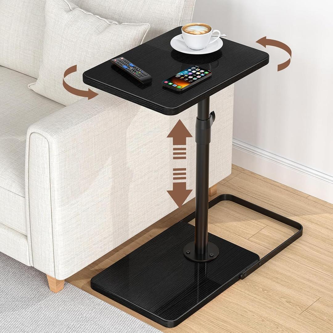 C Table End Table Adjustable Height, 360Swivel TV Tray Table, Upgraded Metal and Wooden Base to Prevent Slipping, Couch Armrest Tables Snack Tables for Laptop Sofa Bed Dinner or Small Space (Black)