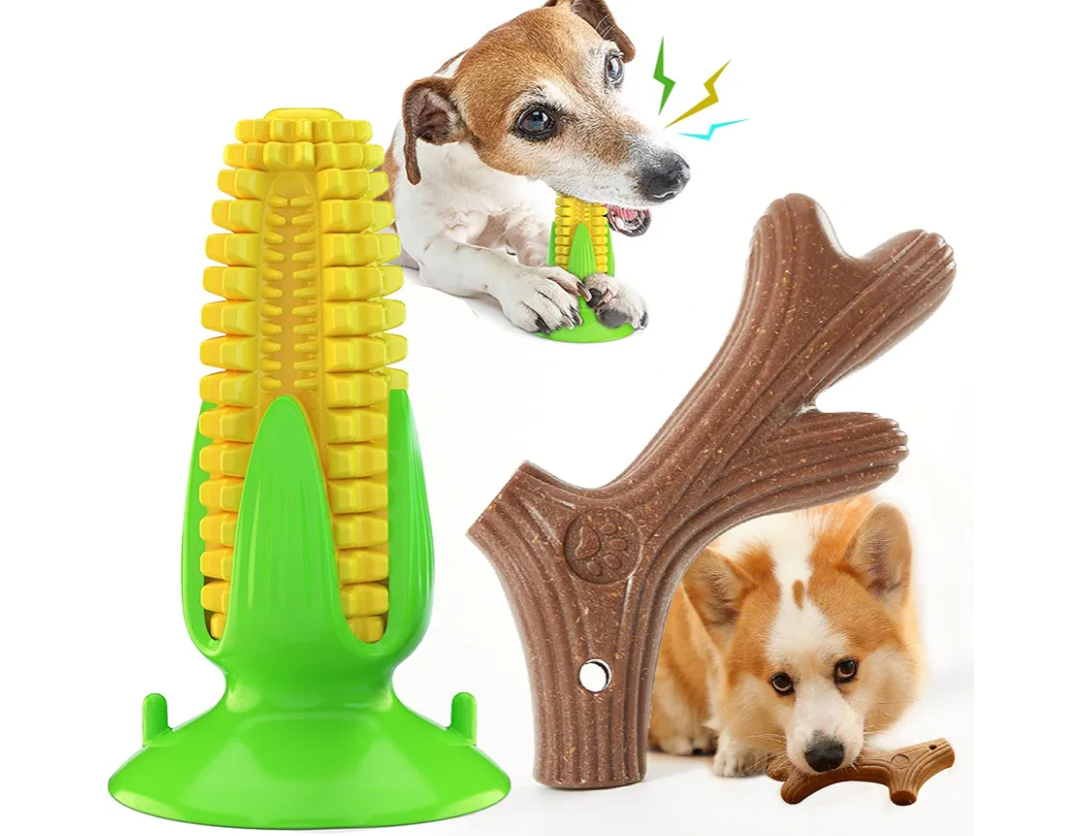 POPET Dog Chew Toys Bundle – Corn Dental Stick & Splinter-Free Antler Wood Toy, Tough Squeaky Interactive Toys for Puppies to Large Breeds, Indoor Outdoor Use