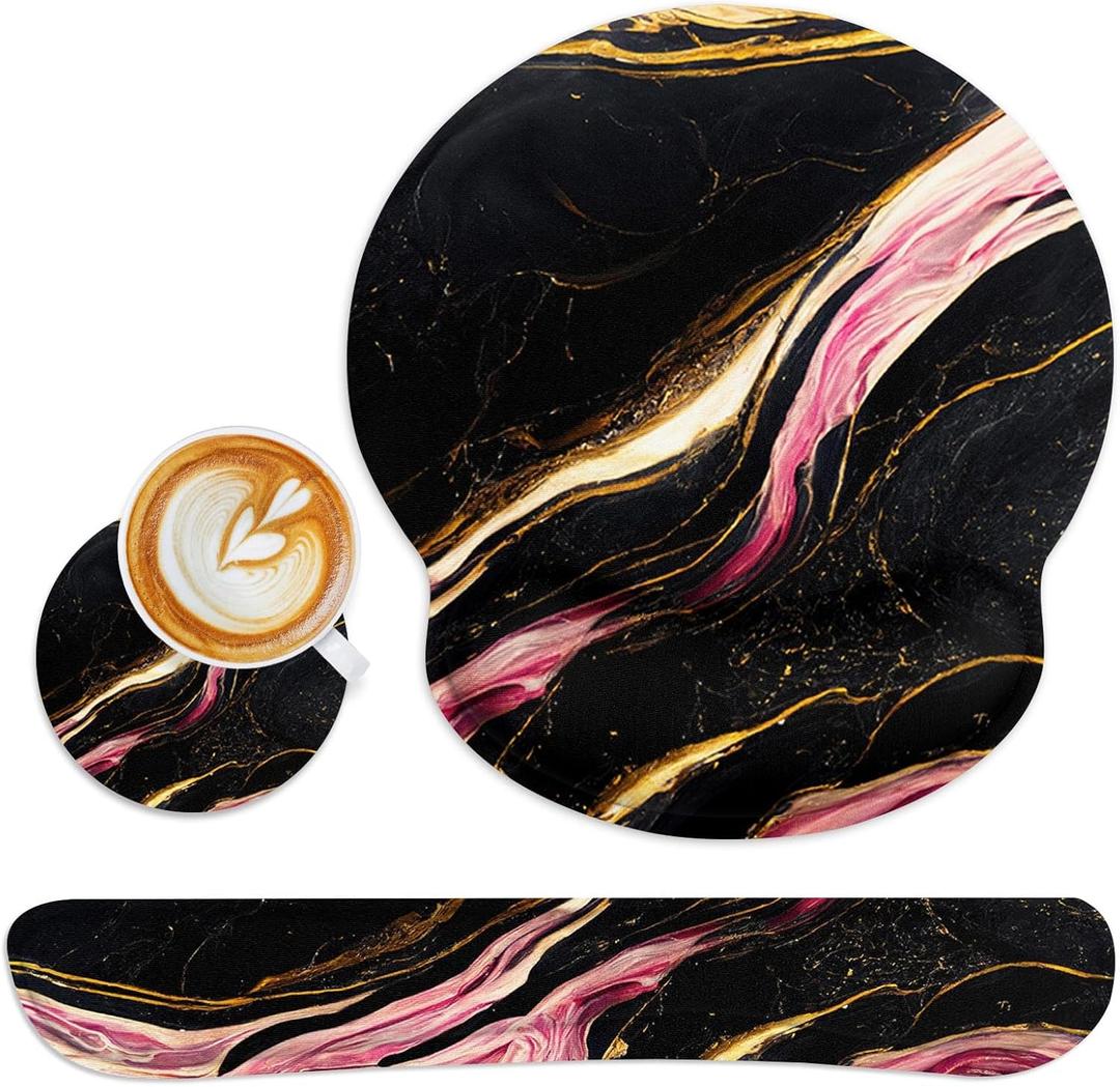 Britimes Black Pink Gold Marble Ergonomic Mouse Pad Set with Wrist Rest Non-Slip Rubber Base Wrist Cushion Support and Coasters Mousepad with Wrist Support for Computer Keyboard and Desk