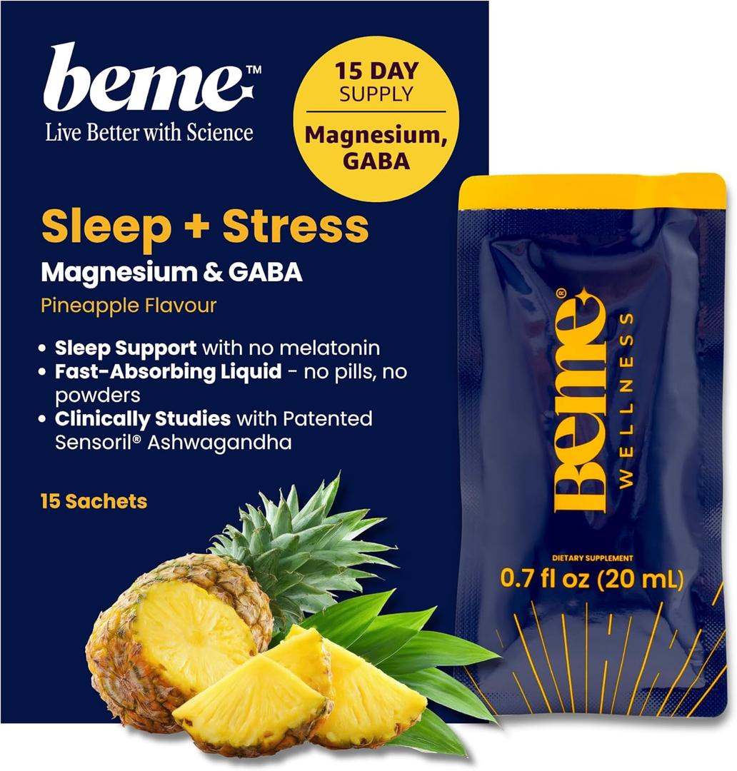 BeMe Magnesium Drink for Sleep - Melatonin-Free Magnesium for Sleep with Ashwagandha, L-Theanine & GABA - Fast-Absorbing Calm Pineapple - 15 Sachets