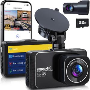 Dash Cam, 4K Ultra HD Front Camera+2K Rear Cameras, 5G WiFi - Fastest Download speeds app, Support iOS Android,WDR Night Vision, Car Camera with 3" IPS Screen 32GB Card,24H Parking Mode (Black)