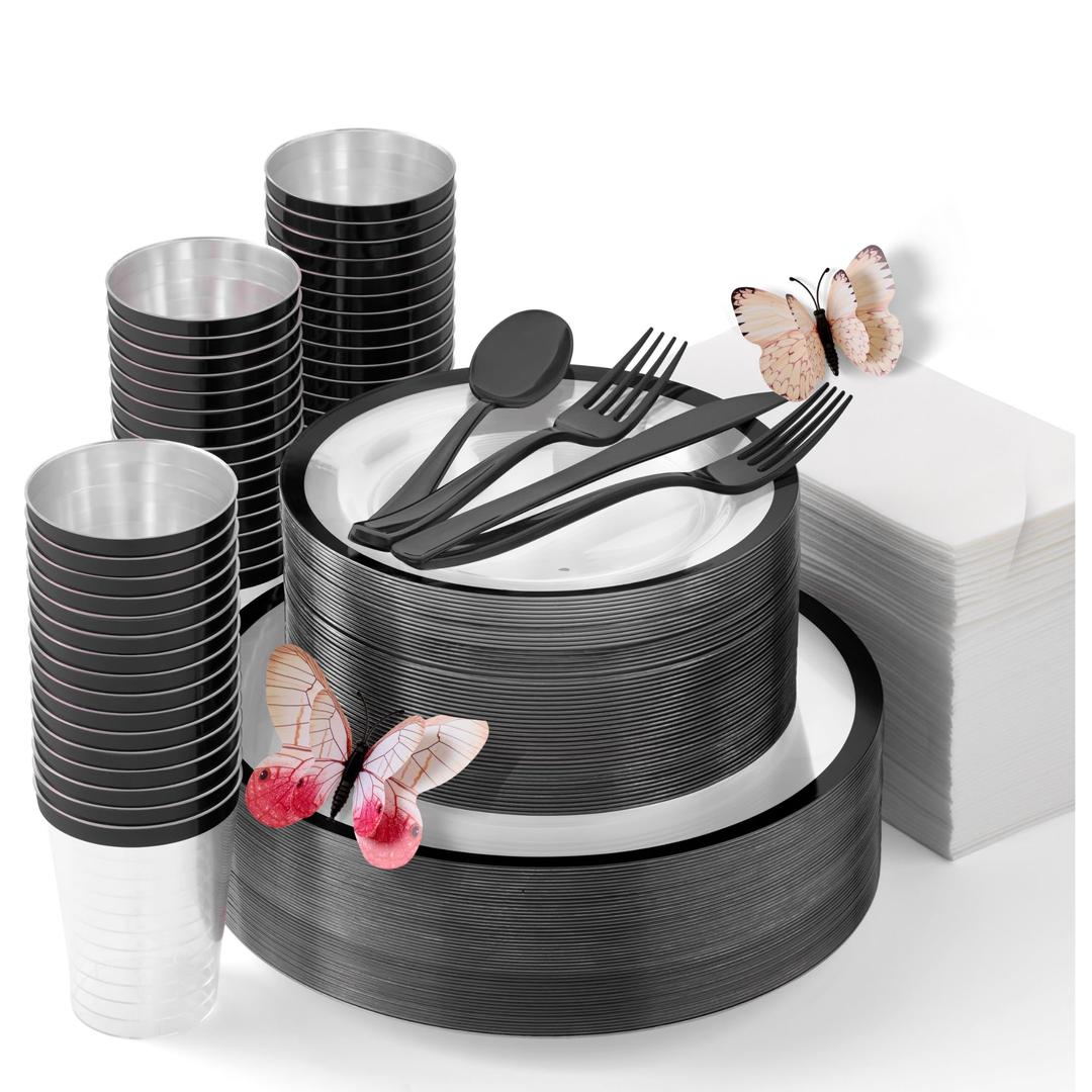 By Madee HEAVYWEIGHT 400 Pcs Clear and Black Plastic Plates for Party 50 Guests | High End Disposable Plates, Silverware, Napkins & Cups | Fancy Disposable Dinnerware Set | Gift of 3D Butterflies