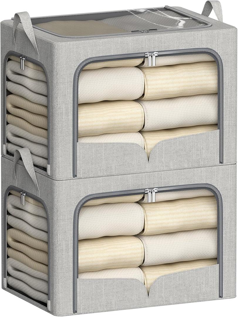 2 Pack Clothes Storage Bins Foldable Storage Box with Metal Frame for Clothes Blanket Sweater Linen Fabric Storage Box with 3 Opening Clear Window (Light Grey, 19.7"L x 15.7"W x 12.6"H(inch))