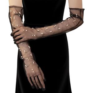Pearl Womens Wedding Gloves Long Tulle Bridal Black Finger 20s Opera Evening Party Sheer Gloves for Brides