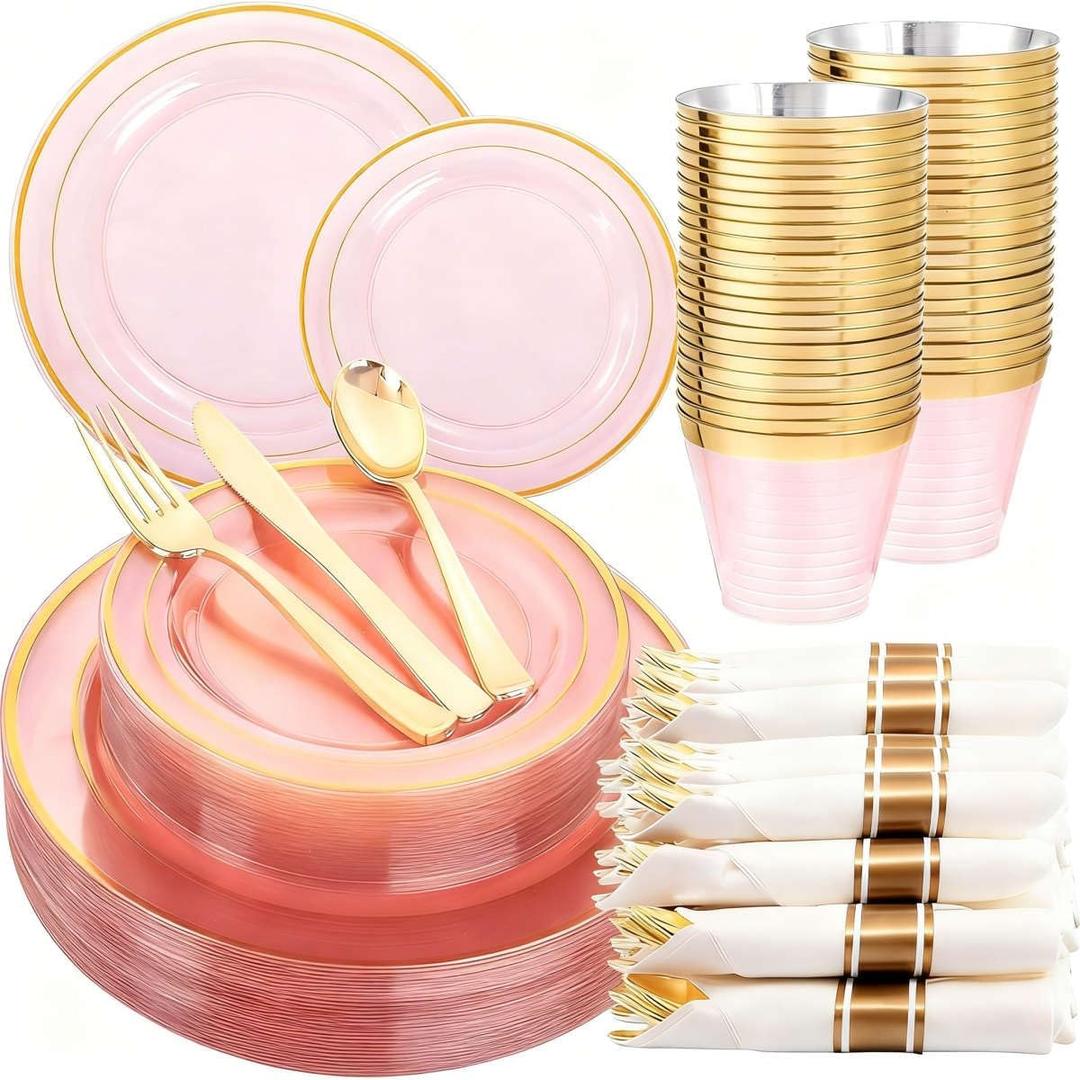 WELLIFE 350Pcs Clear-Pink Plastic Dinnerware- Pink and Gold Plastic Dinnerware includes 50 Dinner Plates, 50 Dessert Plates, 150 Gold Silverware, 50 Cups and 50 Napkins. Perfect for Parties
