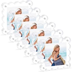 Acrylic Magnetic Picture Frames 4x4-6Pack Clear Freestanding Photo Frame.Double-Sided Scalloped Edges, 10+10mm Thick Block, for Modern Desktop Display &Perfect for Gifts (6 Pack, 4X4)