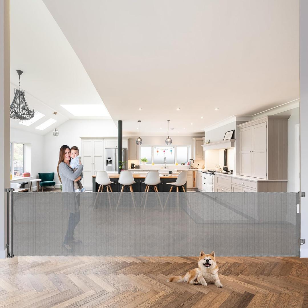 120 Inch Extra Wide Baby Gate Extra Long Dog Gate for The House Retractable Baby Gates for Doorways Super Large Pet Gate for Dogs Indoor Mesh Child Gates for Wide Openings Safety Toddler Gates (Grey) (Gray)