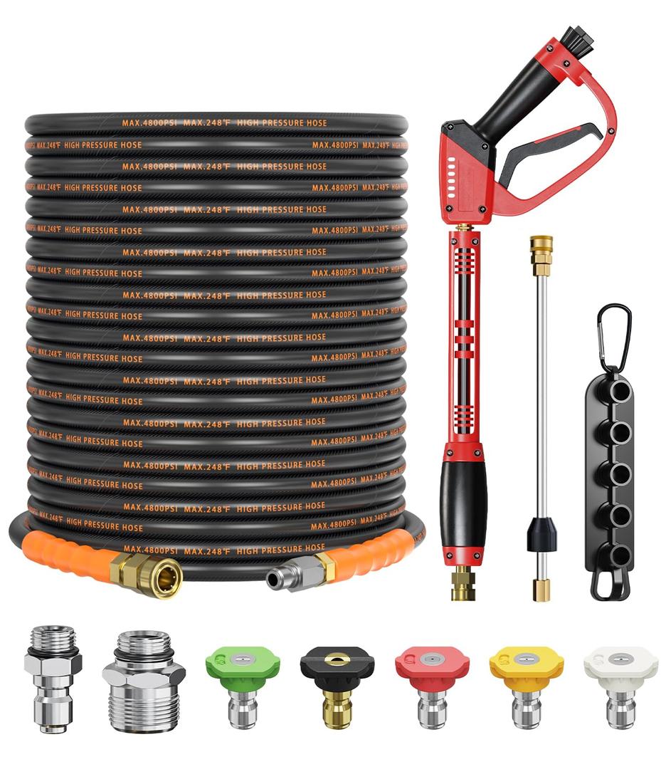 CADEGUO Pressure Washer Gun and Hose Kit, 4800PSI Flexible & Kink-Resistant - Steel Braided & Durable High Power Washer Hose 25 FT with 3/8" Swivel Quick Connector and M22 14mm Adapters & 5 Nozzles