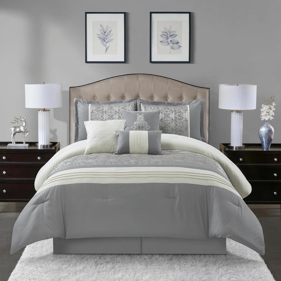 Stratford Park Grey Comforter Set King Size, 7 Piece, Jacquard Home Decor, Matcking Bed Skirt, Pillows & Shams, All Season Bedding Set