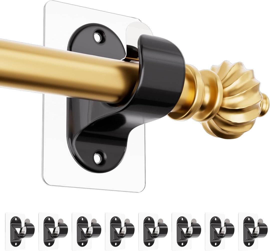 Curtain Rod Holder Brackets No Drilling, (8 Pack) No Screw Black Self Adhesive Curtain Hooks, Heavy Duty Multipurpose Nail-Free Curtains Hangers for 0.5'' to 1.3'' Dia Poles