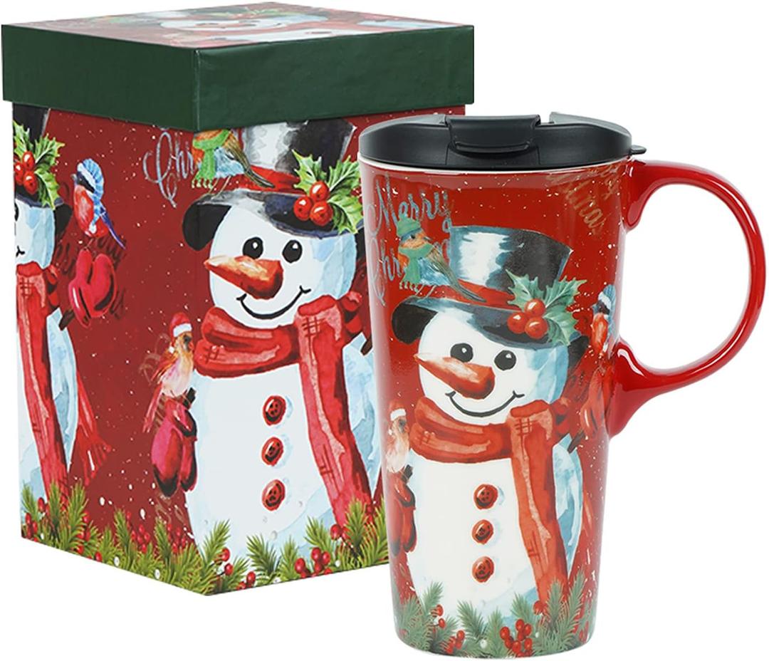 Christmas Ceramic Coffee Mug Snowman Travel Cup with Gift Box, 17oz Latte Cup for Xmas Holiday Party, Microwave Safe