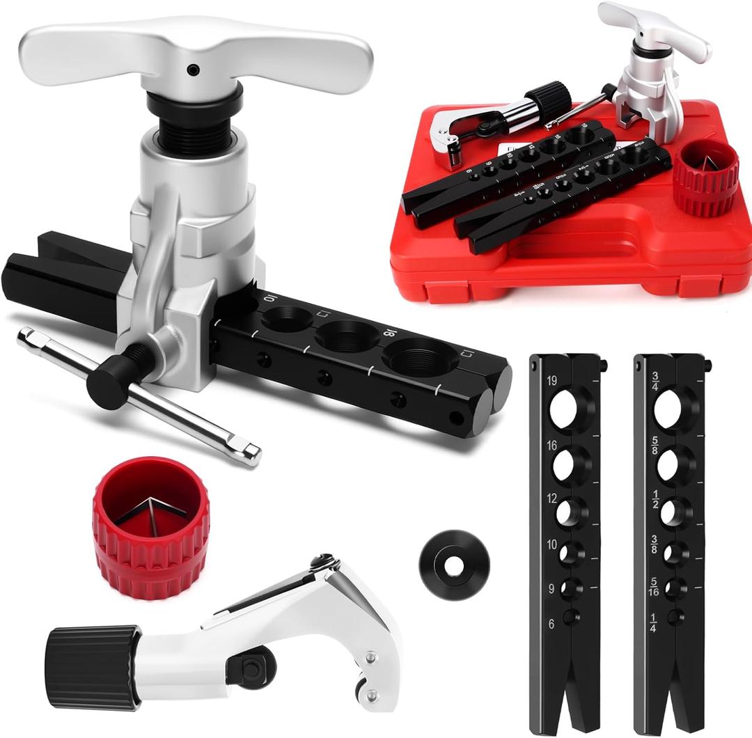 Flaring Tool Kit, HVAC Pipe Expander Tool, 1/4'' - 3/4'' and 6-19mm 45 Eccentric Single Flare Tool with Tubing Cutter and Cylinder Style Deburring Tool for Copper Tube Expander