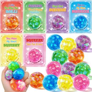 Valentines Day Cards for Kids School - 24 Pack Glitter Stretchy Balls, Valentines Day Gifts for Kids, Squeeze Stress Fidget Toys for Classroom Prize Exchange, Valentine Party Favors for Boys Girls