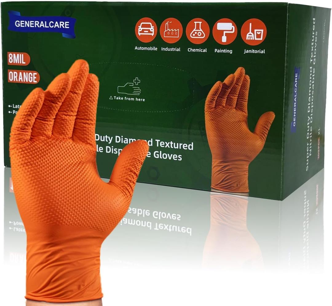 100PCS Orange 8MIL Diamond Grip Nitrile Gloves, Industrial Grade Chemical Resistant Work Gloves for Mechanics, Automotive, Lab Cleaning, Medium