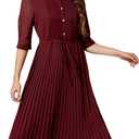 Women V Neck 3/4 Sleeve Pleated A-Line Dress with Belt Swing Midi Dresses for Spring Summer Autumn (L)