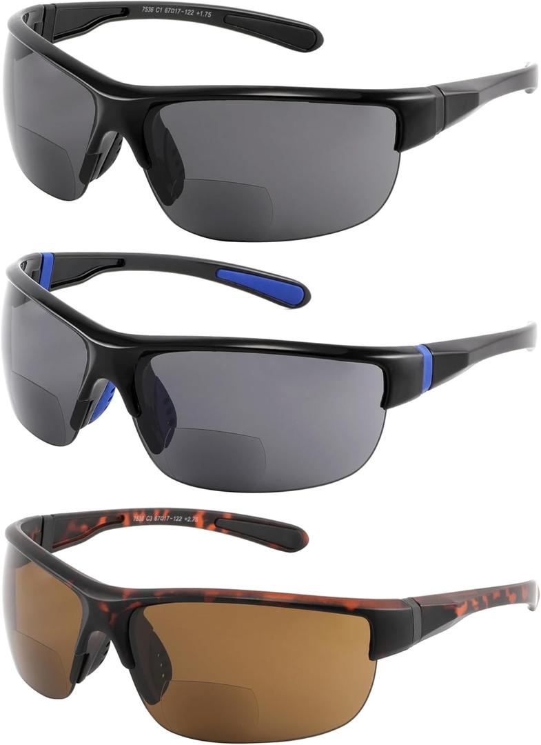 Yogo Vision Bifocal Sports Sunglasses Mens Wrap Around Half Rim Sunglasses Readers 3PK (Black, Brown Havana, Black and Blue)