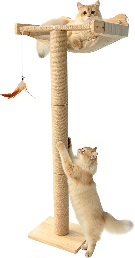 Cat Window Perch Hammock with 3-Piece Detachable Sisal Scratching Posts, Drill-Free Suction Cup Mount, Multi-Level Climbing Perch for Bird Watching, 45 LBS Capacity (46"-Natural Linen Mat)