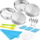 E-far 6 Inch Cake Pans Set of 4, Stainless Steel Round Baking Cake Pan Tins with Decorating Supplie Including Parchment Paper Icing Tips Spatula Scrapper, Non-toxic & Healthy, Dishwasher Safe