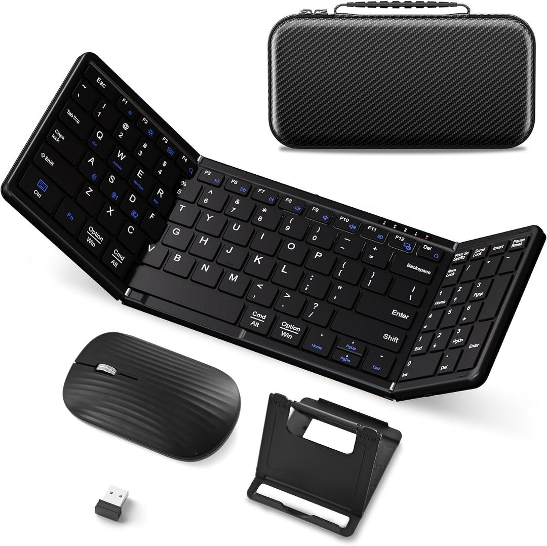 Portable Foldable Keyboard and Mouse Combo,Dual Mode Bluetooth2+2.4G Wireless,Rechargeable Silent Full-Layout Travel Kit for iPad,Tablet,Laptop,Home & Office Black