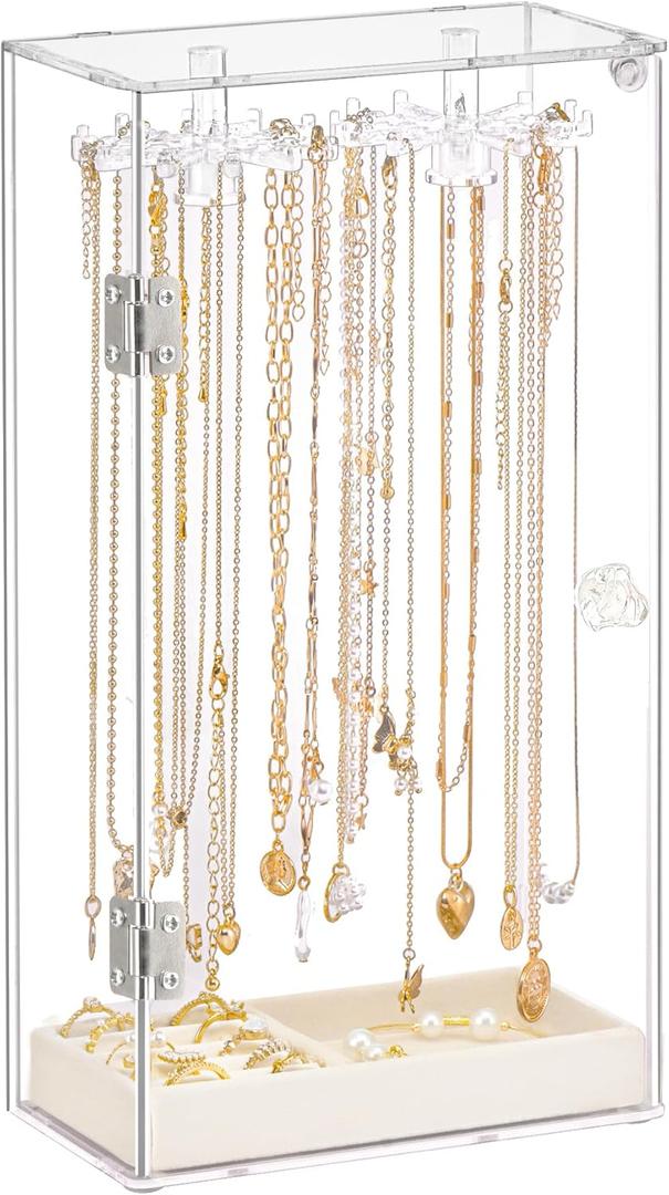 Necklace Holder, Acrylic Necklace Organizer, Rotatable Clear Jewelry Holder Organizer Display Case for Long Necklaces Pendant Bracelets, Jewelry Holder Box with Velvet Tray for Rings Earrings