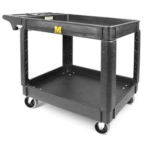 MaxWorks Heavy Duty 2‑Shelf Service Cart 500 lb Capacity Polypropylene Utility Cart with 5" Non‑Marring Casters Deep Trays and Built‑In Tool Storage for Garage Warehouse Workshop (80855)