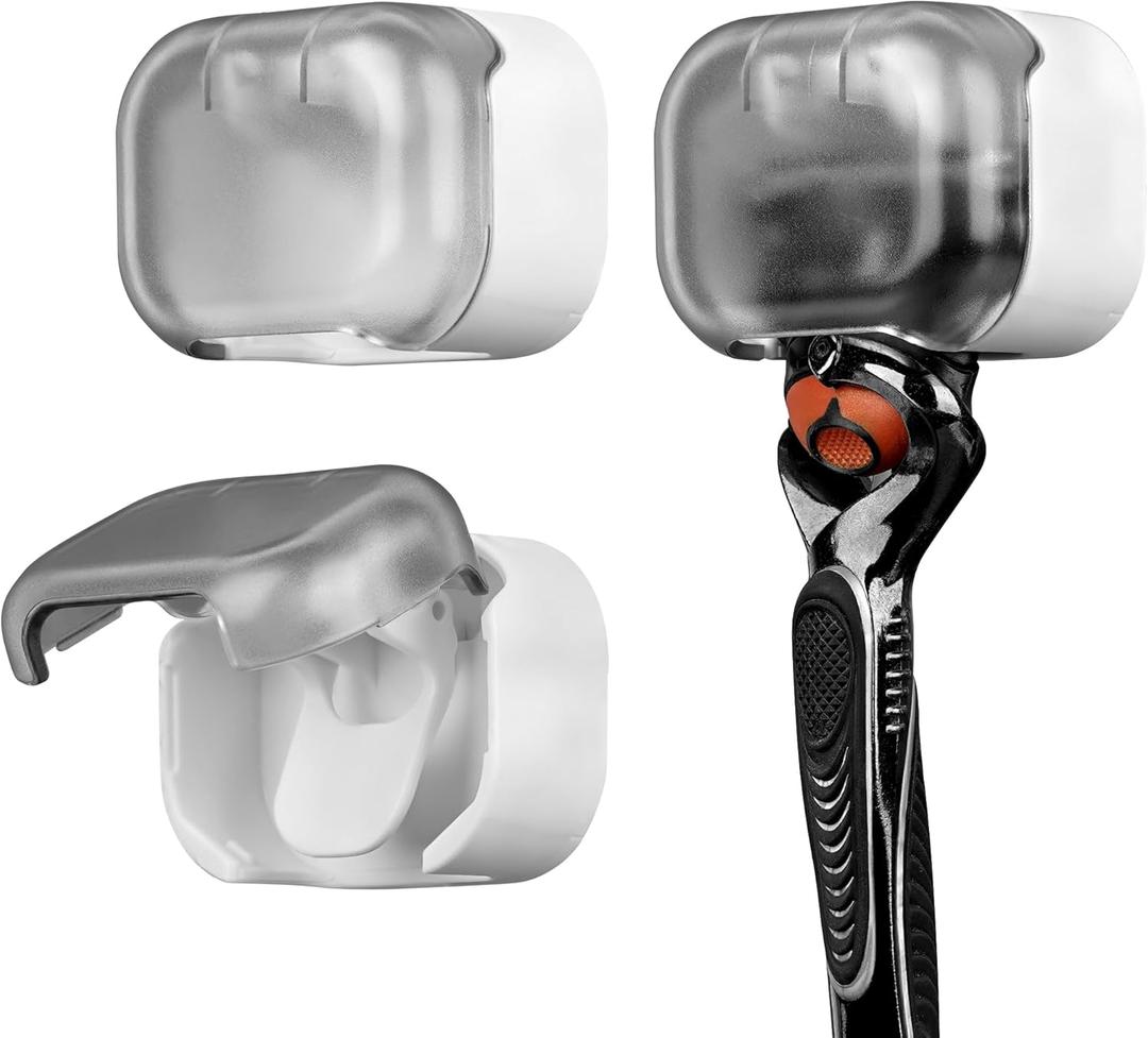 LUEXBOX 2 Pack Razor Holder with Cover for Shower Wall, Self Adhesive Razor Stand Shaver Organizer, Plastic Razor Hanger Hooks Compatible with Fusion 5 Proglide, Mach 3 Classic (Gray Clear)