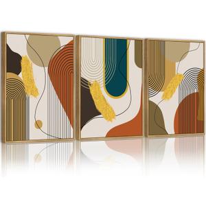 PHOPAGO Boho Abstract Framed Wall Art Modern Minimalist Luxury Gold Line Artwork Kitchen Dining Room Decor 11x14in Natural Framed