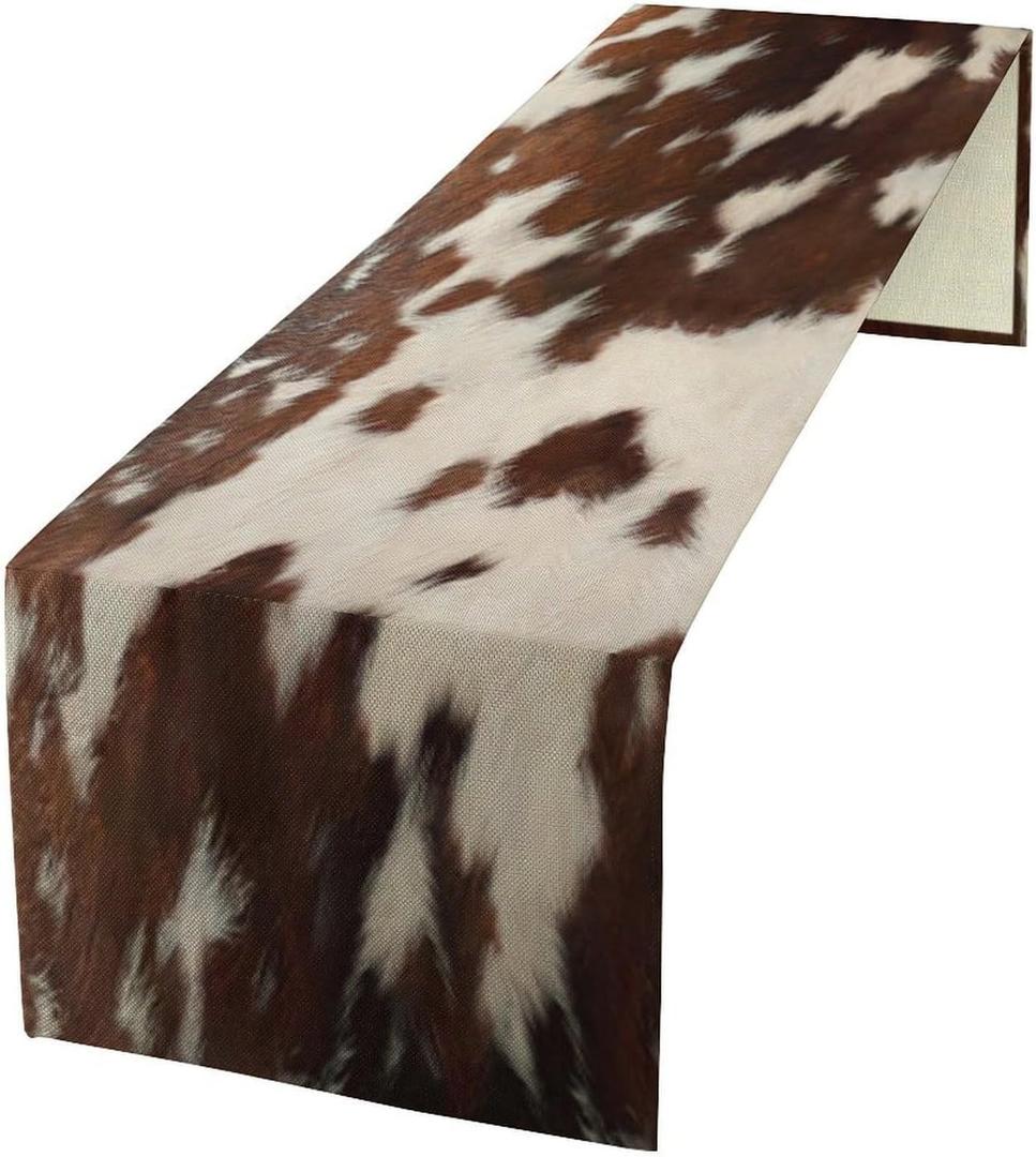 Cow Print Table Runner, Rustic Country Farmhouse Animal Fur Skin Western Farm Brown Cowhide Print Dinner Runner for Home Kitchen Dining Table Decoration 13"x90"