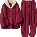 Womens 2 Piece Fluffy Pajama Lounge Set Loose Pullover Pants Sleepwear with Pockets (X-Large, Z-red-pocket)