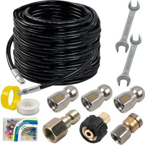 Hourleey Sewer Jetter Kit for Pressure Washer 100FT, Drain Cleaner Hose 1/4 Inch NPT, Orifice 4.0 Button Nose and Rotating Sewer Jetting Nozzle Spanner Tape Pearl Corsage Pin, 4000 PSI