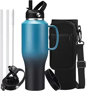 40 oz Insulated Cup with Handle - Stainless Steel Water Bottles & Auto Chug  Carrier Pouch, Water Metal Coffee Tumblers Metal Flask, Fits in Cup Holder Leak Proof, Keep Cold 48h
