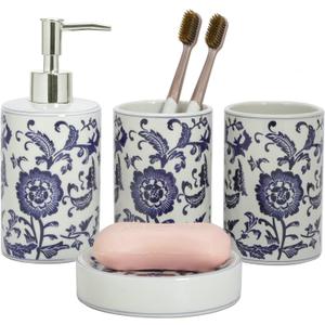 Chinese Blue and White Porcelain Bathroom Set  4-Piece Ceramic Bath Accessory Set with Lotion Dispenser, Toothbrush Holder, Tumbler, and Soap Dish