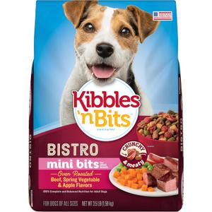Kibbles n Bits Bistro Mini Bits Small Breed Dry Dog Food, Oven Roasted Beef, Spring Vegetable and Apple Flavors for Adult Dogs, 3.5 lb. Bag (Pack of 4)